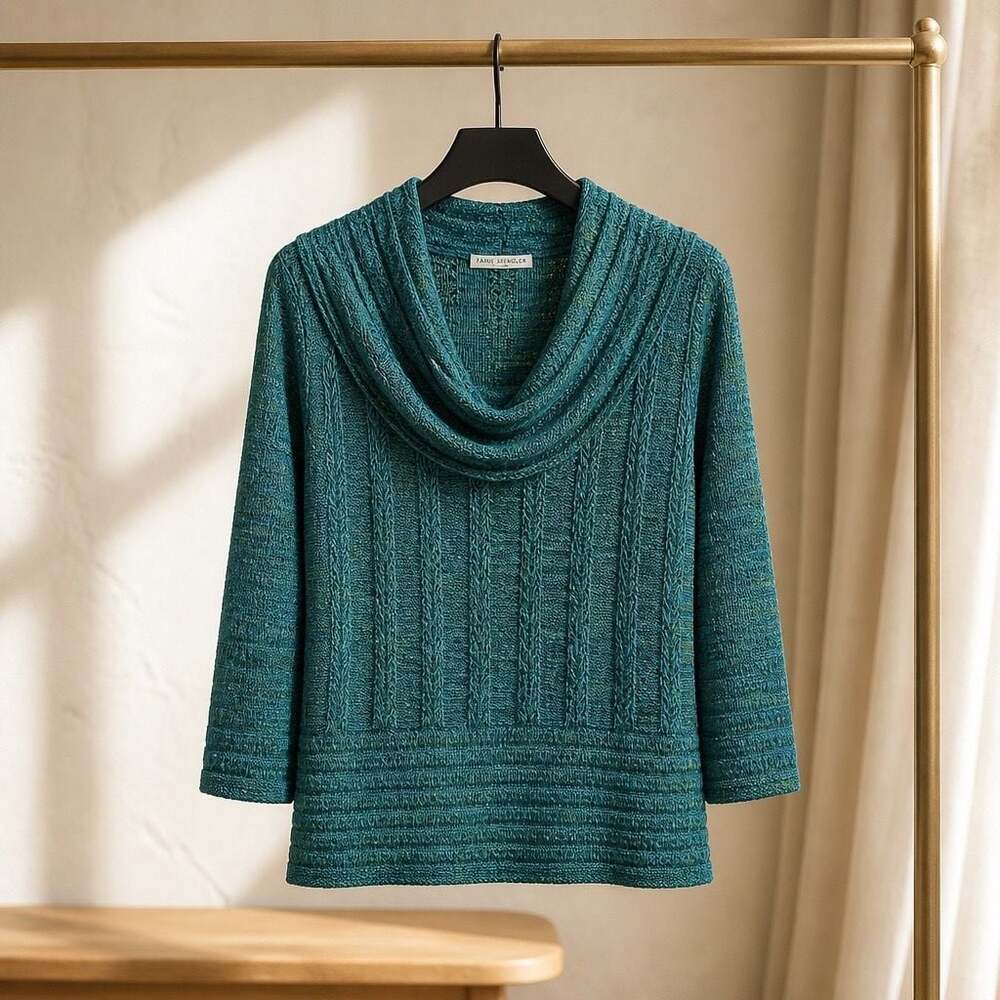 Sarah Spencer Woman Teal Green Cowl Neck Cable Knit Sweater #1444